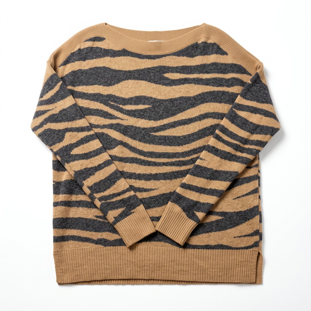 LOFT Womens S Tan Gray Tiger Stripe Boatneck Sweater Casual Cozy Animal Print